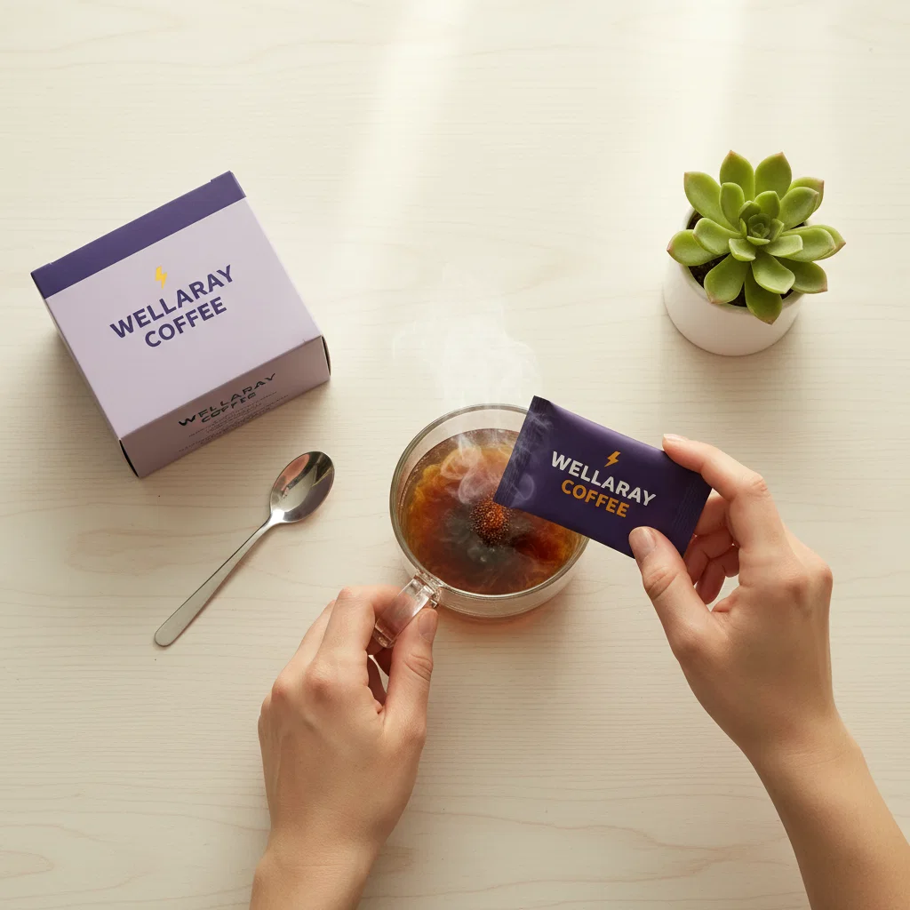 Hands pouring Wellaray Coffee sachet into a mug - morning wellness ritual drink preparation